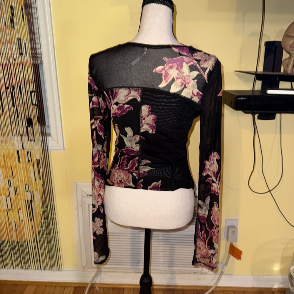 Free People Black and Purple Floral Mesh Blouse